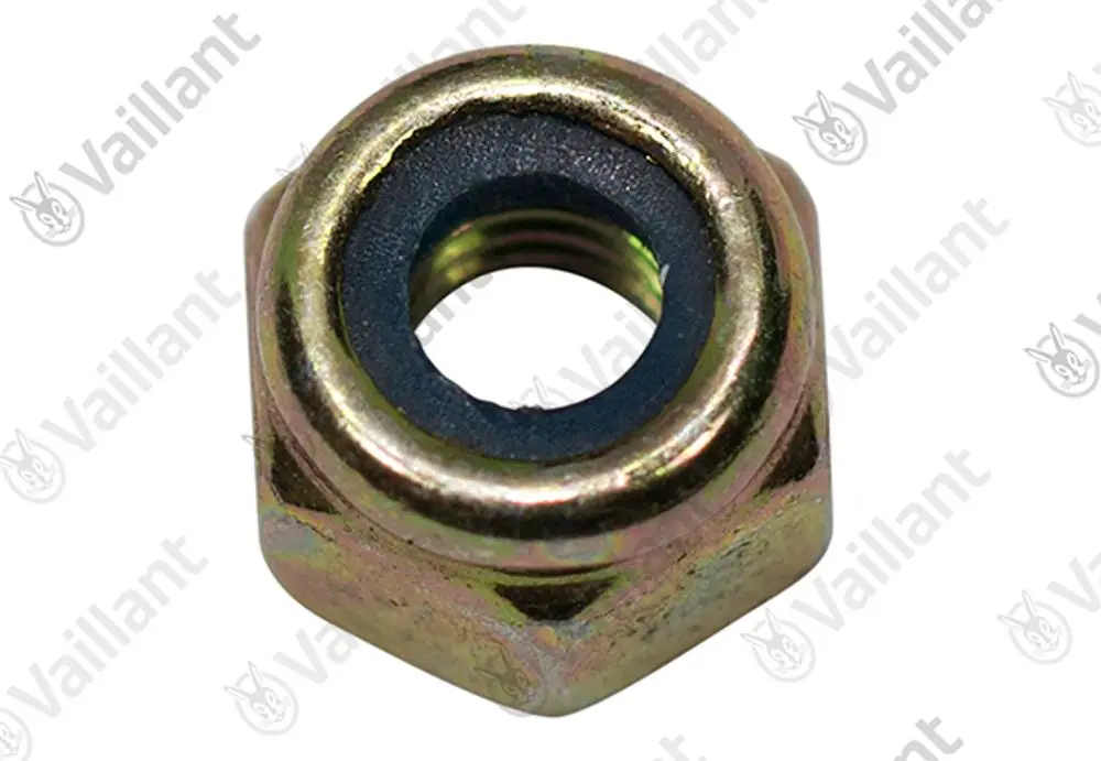 Sechskantmutter aus Metall mit Innengewinde, passend für Vaillant Produkte. Sichtbar sind die metallische Oberfläche und eine blaue Dichtung im Inneren.